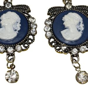 Blue Cameo Dangle Earrings,  Antique Silver, Crystal Accents, Victorian Style